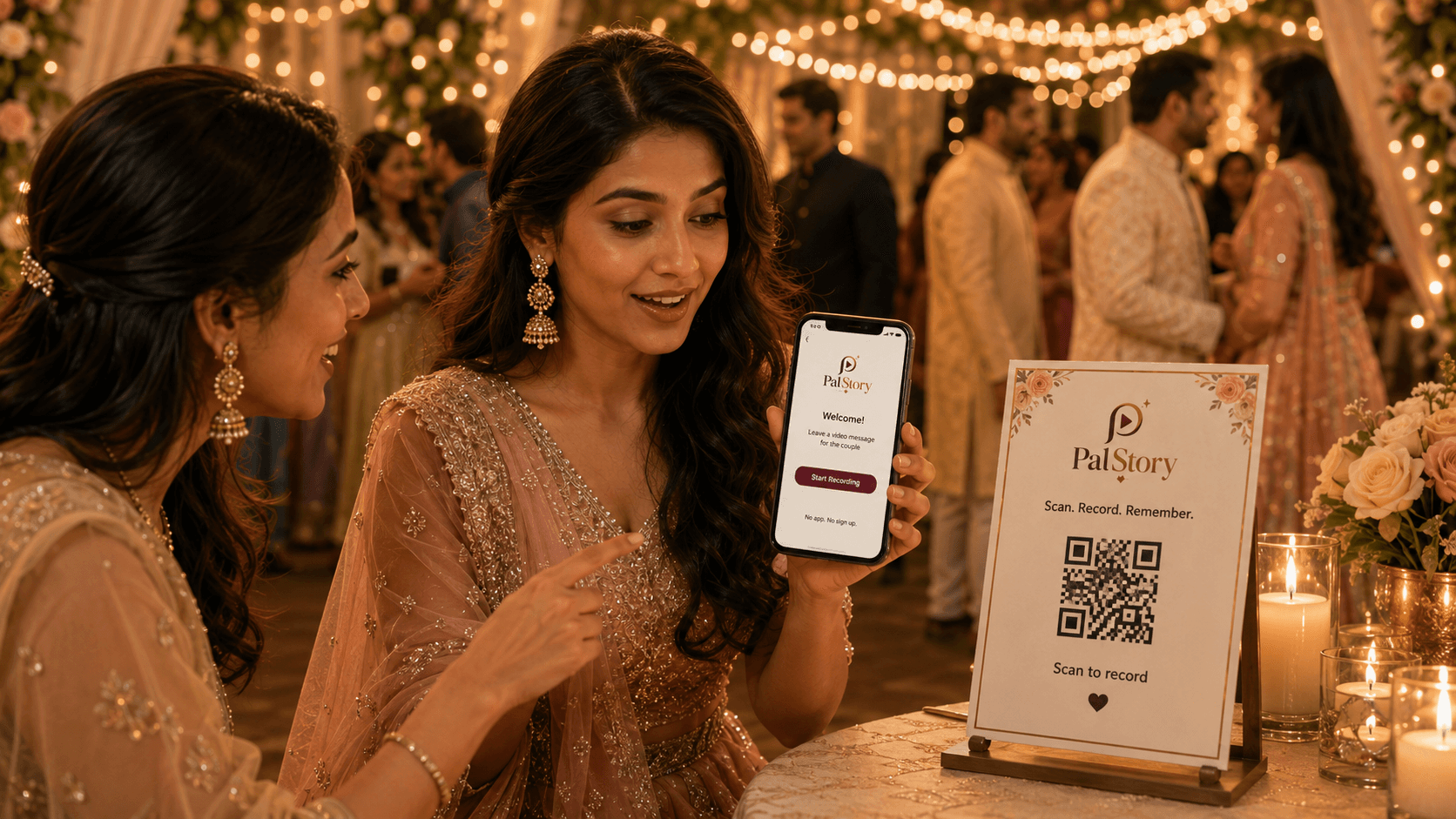 Wedding guest using PalStory at Aarav and Meera's celebration